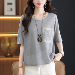 Tummy-Control Ice Silk Knit T-Shirt with a relaxed colour-blocked fit — view 2
