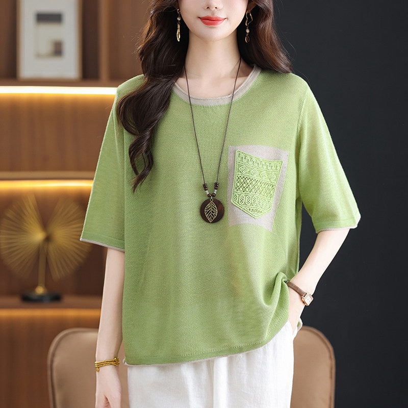 Tummy-Control Ice Silk Knit T-Shirt with a relaxed colour-blocked fit