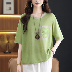 Tummy-Control Ice Silk Knit T-Shirt with a relaxed colour-blocked fit