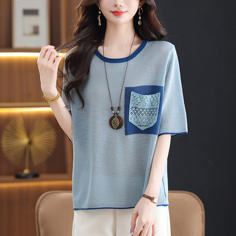 Tummy-Control Ice Silk Knit T-Shirt with a relaxed colour-blocked fit — view 5