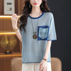 Tummy-Control Ice Silk Knit T-Shirt with a relaxed colour-blocked fit — view 5