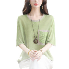Tummy-Control Ice Silk Knit T-Shirt with a relaxed colour-blocked fit — view 4