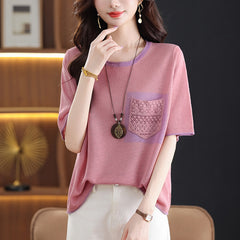 Tummy-Control Ice Silk Knit T-Shirt with a relaxed colour-blocked fit — view 3