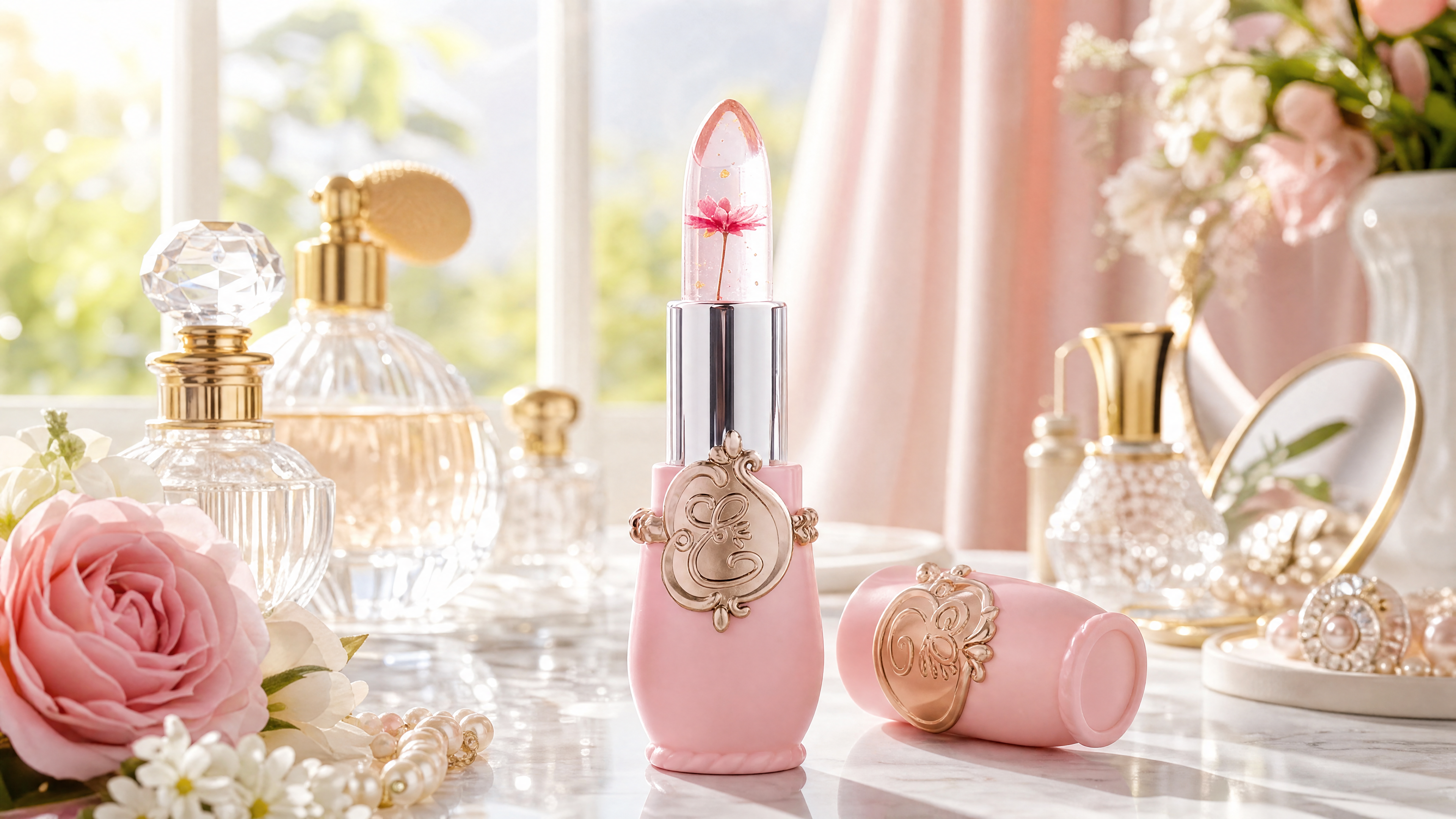 Crystal Flower Jelly Lip Balms displayed on a vanity